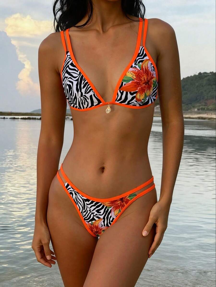 1 套女式斑马花卉印花吊带比基尼泳装，两件套露背系带时尚休闲沙滩泳装 - 橘色 - 查看 1
