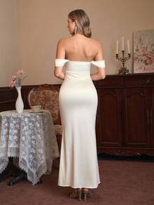 PARTHEA 露肩褶饰缎面优雅连衣裙伴娘礼服 - 杏色 - 查看 2