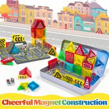 Magnetic Building Block Set With Iron Box, STEM Sensory Toy Education Building Block Imitates Road Driving Perfect Birthday Gift Random Color Christmas Halloween Gift, For Boys And Girls 3 Years Old+ - 彩色 - 查看 4