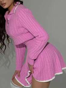 2 piezas Conjunto de suéter y falda de punto grueso elegante para mujer, con detalles acanalados y cuello polo, look de moda, otoño/invierno