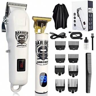  Cortadora de pelo eléctrica LARGNER 2 en 1 BLANCA, afeitadora de lámina profesional, set de recortadora de cabello para hombres inalámbrica, recortadora de barba recargable, kit de aseo capilar de 3 piezas adecuado como regalo para el Día del Padre (plateado), un set de barbería multifunción 2 en 1, barbero inalámbrico para hombres, cabezal de afeitado ajustable, alta potencia y duradero, pantalla LCD