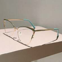 Fashionable And Minimalist Cat-Eye Plain Glasses With A High-End Look For A Natural Makeup Look,  Light, Metal Frame, Suitable For Business And Office Use - Green - View 3