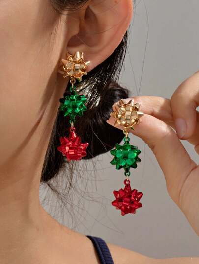 1 Pair Christmas Series Tricolor Flower Earrings, Christmas Gift For Women
