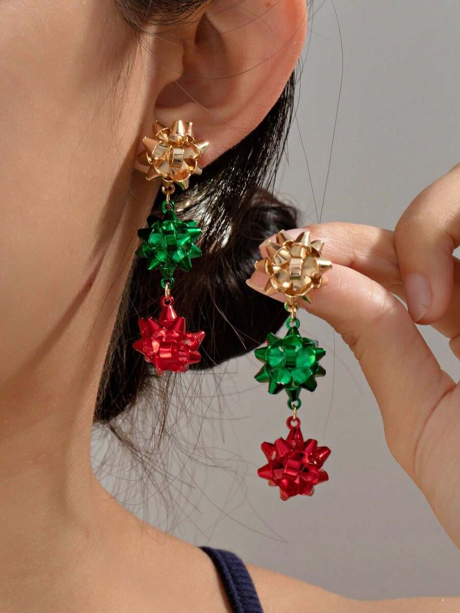 1 Pair Christmas Series Tricolor Flower Earrings, Christmas Gift For Women - Multicolor - View 1
