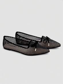 Women's Lightweight Fishnet Ballet Flats With Bowknot Decor, Hollow-Out, Breathable, Fashion