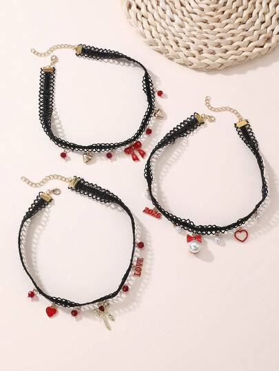 1件/3件装女孩心形蝴蝶结字母吊坠项链，适合日常装饰