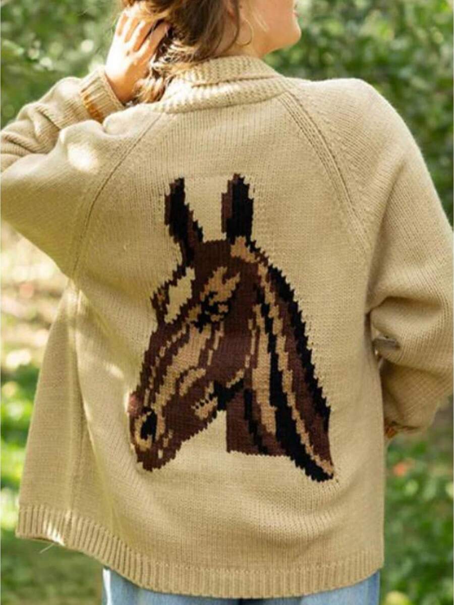 Women's Shawl Collar Cardigan Long Sleeve V Neck Graphic Print Button Down Sweater Knit Tops - 卡其色 - 查看 1
