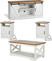 4-Piece Farmhouse Living Room Table Set With Sliding Barn Door TV Stand, Coffee Table And Two End Tables, Rustic Side Table With Charging Station & USB Ports, 66" Furniture Set - 仿舊白色 - 查看 9