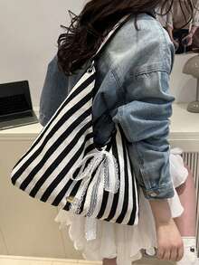 1 pieza Bolso de hombro de gran capacidad con rayas rojas, bolso de lona de moda cruzado, bolso de mano de tela casual versátil para Navidad, Año Nuevo, Día de San Valentín, compras diarias, viajes, bolsa de aseo de viaje, bolsa de maquillaje, decoración de la habitación de maquillaje, bolsa de maquillaje, artículo esencial de viaje - Multicolor - Ver 4