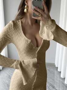 Váy maxi kẻ caro jacquard thời trang nữ, dáng ôm, xẻ tà phía trước, tay dài, thanh lịch cho mùa xuân, thu và đông - Màu Khaki - Xem 4