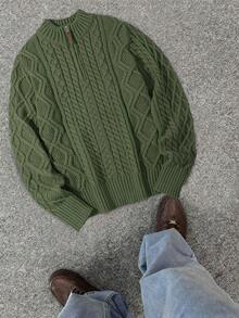 Pull col roulé zippé mi-hauteur en tricot torsadé de couleur unie pour hommes, automne/hiver - Militaire verte - Voir 2