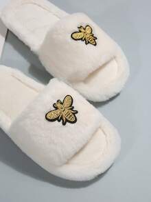 1 Pair Solid Color Casual Fabric Plush Thick Bottom Slippers For Women, Suitable For Weddings, Parties, Bridesmaids, Black Fluffy Open-Toe Warm Indoor Slippers, Comfortable & Breathable For All Seasons - White - View 8