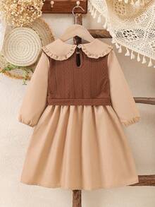 Vestido de manga larga de estilo patchwork con cuello Peter Pan bordado, 2 en 1, para niñas con estilo preppy - Marrón - Ver 2