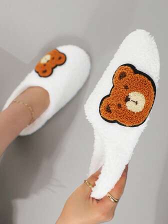 Fall/Winter Cute Cartoon Embroidered Teddy Bear Plush Soft Bottom Slippers For Women, Quiet Indoor Slippers