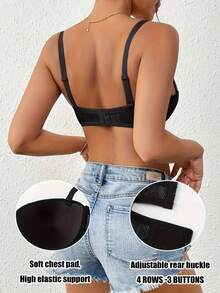 Women's Solid Color Underwire Push-Up Bra, Comfortable Patterned Balcony Cup Bra - Black - View 2