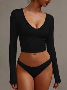 XLLAIS Deep V-Neck Long Sleeve Black Top, Double-Layer Yoga Fabric, Basic Warm T-Shirt, Women Autumn/Winter - Black - View 7