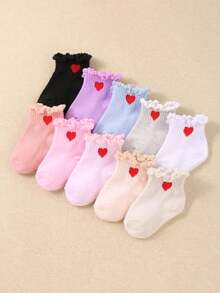 10 Pairs Random Colors Baby Girls Ruffle Socks With Love Heart Design, Infant Toddler Frilly Dress Ankle Socks With Heart Design, Baby Essentials Soft & Breathable Crew Socks, Cute Princess Socks For Newborn, Suitable For Casual & Family Outdoor Holiday Travel Wear, Halloween Decor Christmas Xmas Gift - Multicolor - View 14