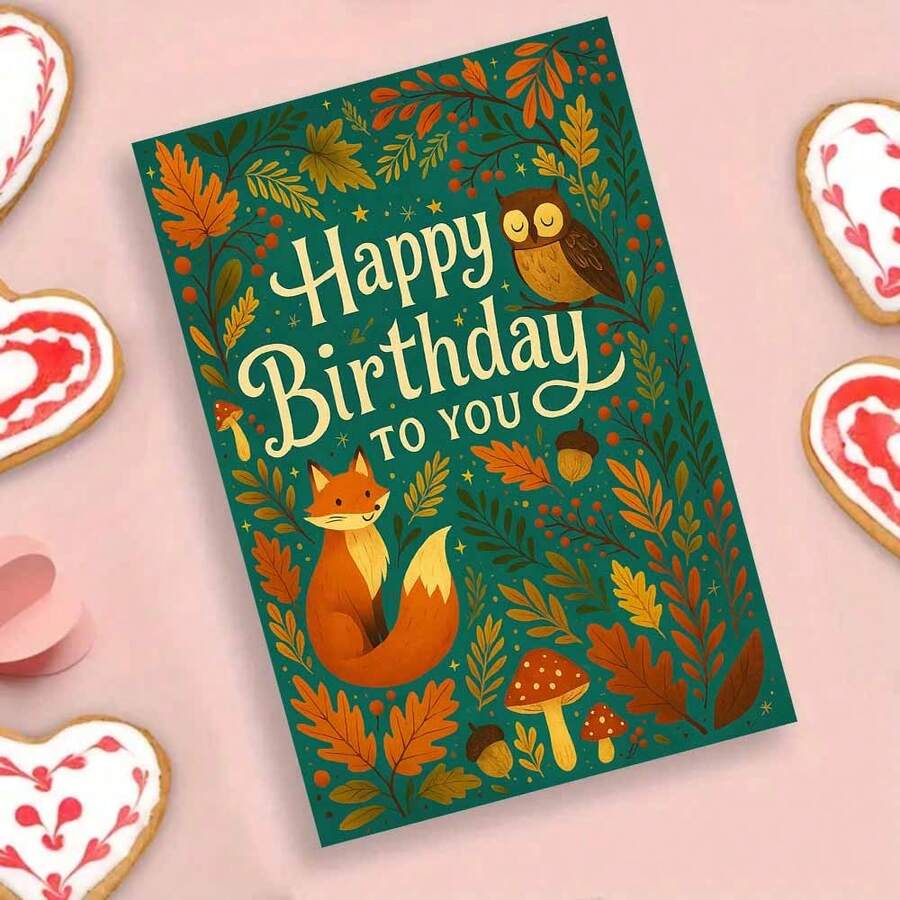 بطاقة تهنئة عيد ميلاد سعيد مع ظرف - تصميم ثعلب وبومة في الغابة، مثالية للمحبين للطبيعة والأصدقاء، مناسبة لاحتفالات عيد الميلاد، بطاقة تهنئة - متعدد الألوان - مشاهدة 1