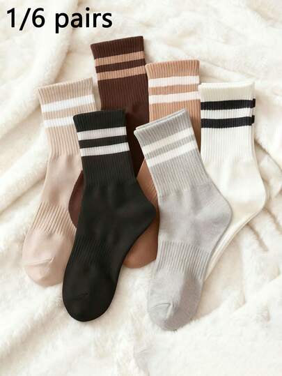 1/6 Pairs Unisex Solid Color Striped Mid-Calf Socks, Comfortable Casual Creative Everyday Versatile Socks, Collegiate Style, Back To School Outfit, Suitable For All Seasons