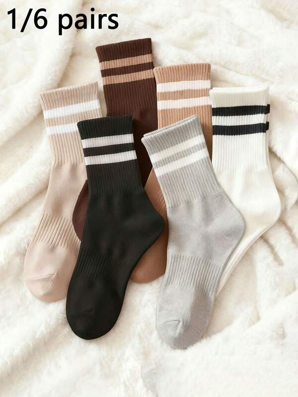 1/6 Pairs Unisex Solid Color Striped Mid-Calf Socks, Comfortable Casual Creative Everyday Versatile Socks, Collegiate Style, Back To School Outfit, Suitable For All Seasons