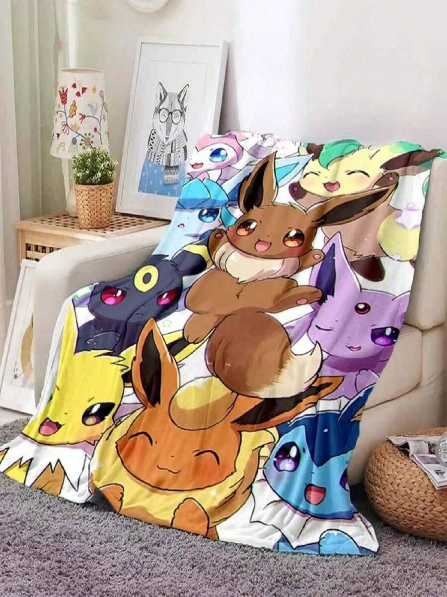Cartoon Warm Soft Eevee Blanket Fluffy Sofa Plaid Plush Bedspread Winter Four Season Throw Blanket For Sofa Bed#Color_Style A,Size_100X130CM - 黑色 - 查看 1