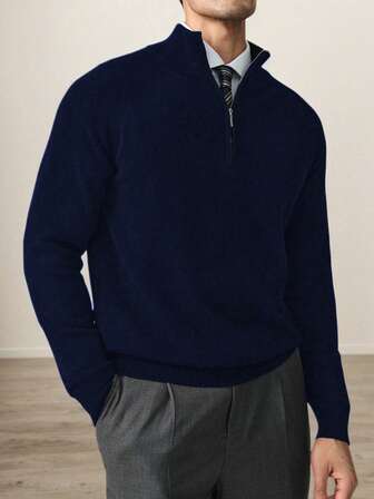 Herren Slim Fit Halb-Reißverschluss Gerippter Strick Pullover T-Shirt, Herbst/Winter