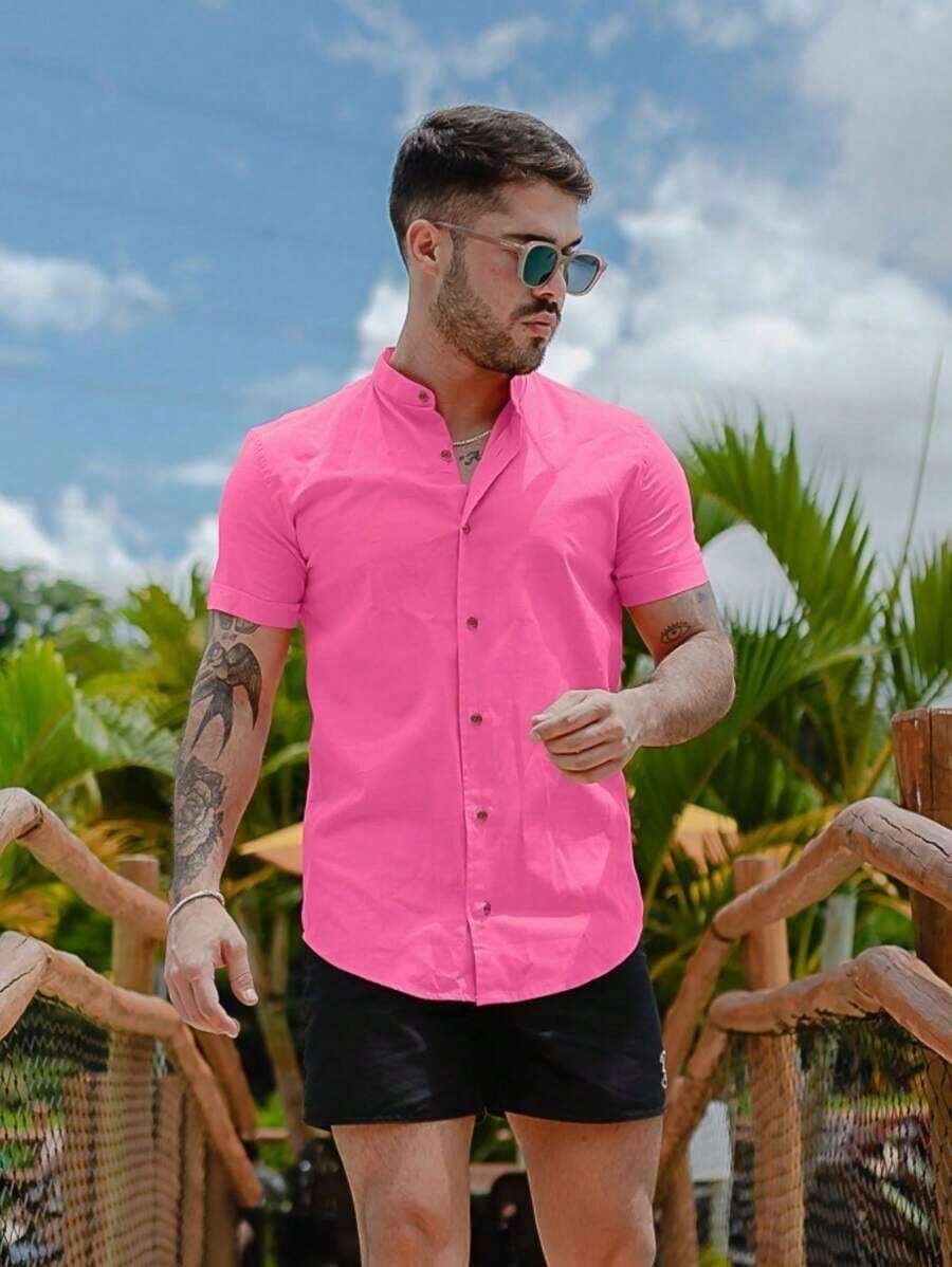 Men's Short-Sleeve Shirt With Mandarin Collar And Linen-Look - Assorted Colors - Comfortable - 粉色 - 查看 1