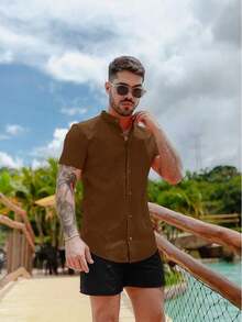 Men's Short-Sleeve Shirt With Mandarin Collar And Linen-Look - Assorted Colors - Comfortable - Rust Brown - View 5