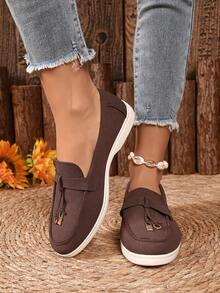 Women's Black & White Two-Tone Tassel Loafers - Comfortable Slip-On Flats, Stylish Casual Commute Shoes - Brown - View 2