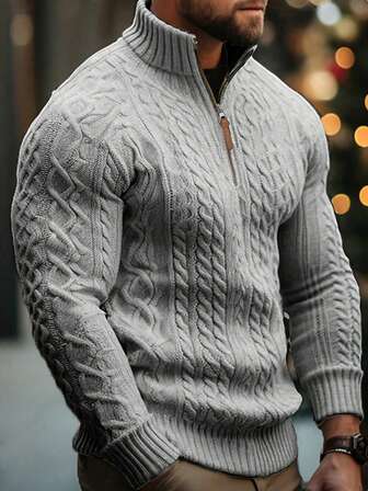 Men's Casual Solid Color Half-Zip Turtleneck Cable Knit Sweater, Autumn/Winter