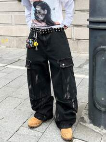 Infinite Jeans 1pc American Street Style Men's Multi-Pocket Cargo Pants Loose Wide Leg Denim Jeans All Season Fashion Versatile Long Pants (Product Does Not Include Belt And Accessories) - Black - View 4