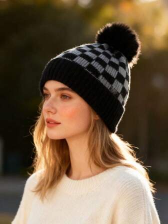 1pc Black & White Plaid Knit Beanie, Warm Brimless Hat With Pom Pom, Suitable For Daily Street & Outdoor Use In Winter Winter Gear