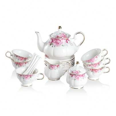 Sweejar Porcelain Tea Sets, Vintage British Floral Relief Gold Rimmed Teapot Cup And Saucer Set, Tea Set Service For 6, With Teapot, Sugar Bowl, Milk Jug, Spoons, Tea Cup And Saucer (Pink Flower)