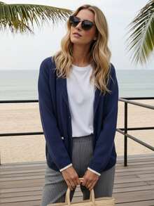 Women's Shawl Collar Cardigan Long Sleeve V Neck Graphic Print Button Down Sweater Knit Tops - 米色 - 查看 4