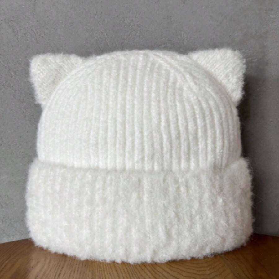 Thickened Warm Cat Ear Knitted Wool Hat For Autumn And Winter, Women's Ear-Covering Head Hat, Outdoor Cold Protection Hat
