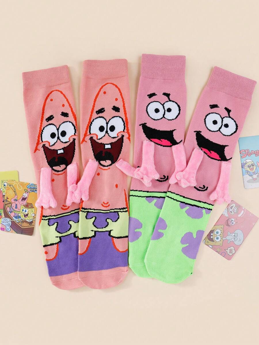 SpongeBob SquarePants 半双装磁性牵手卡通海星中筒袜,日系可爱男女通用休闲日常穿着舒适百搭袜子,情侣朋友皆宜 - 彩色 - 查看 1