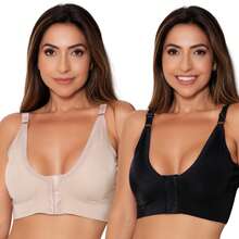 Kit Of 2 Post-Surgical Bras, Low-Cut, Aesthetic, Front Opening, Reinforced Breast Support, Post-Operative Breast Augmentation, Silicone Breast Support - Black and Nude - View 1