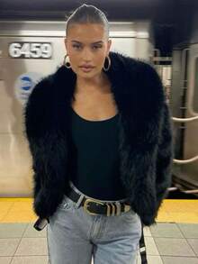 TRAFZA Women's Faux Fur Short Coat Women Fluffy Lapel Long Sleeve Warm Thick Loose Jacket Fashion Winter Lady High Street Outwear - Black - View 7