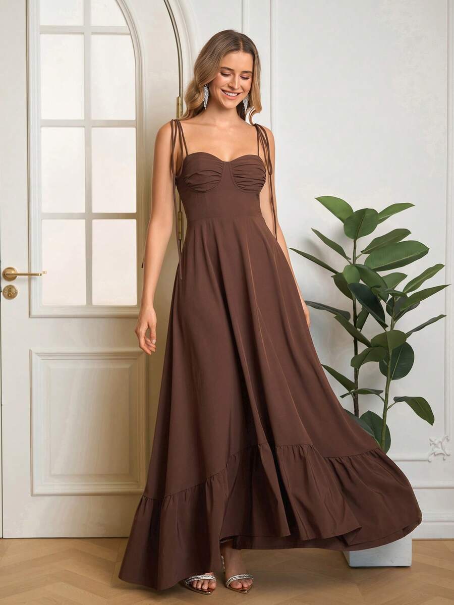 PARTHEA Backless Smocking Bodycon Ruched Cami Long Dress Elegant - Brown - View 1