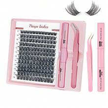 Panya Lashes 144 簇 D 卷 9-16 毫米长单根睫毛 DIY 睫毛延长，纤细宽茎睫毛钳，带涂抹器，睫毛胶水和密封剂，睫毛套装，睫毛簇套装，睫毛，睫毛，假睫毛 - 黑色 - 查看 9