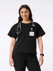 cimmuovere 大码女式圆领短袖开叉下摆短款纯色口袋手术服护士服工作服牙医保健宠物医院实验室制服上衣 - 黑色 - 查看 1