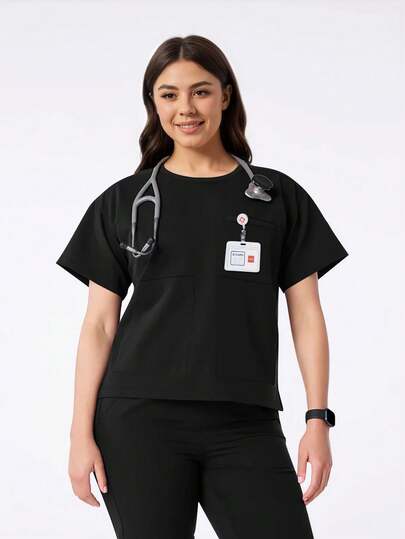 cimmuovere Plusstorlek Dam Rund hals Kortärmad Slitsad fåll Beskuren Enfärgad Fickskoljor Sjuksköterskeskoljor Arbetskläder Tandläkare Hälsovård Djursjukhus Laboratorieuniform Topp