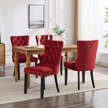 4 Piece Set Velvet Upholstered Dining Chairs, Wingback Side Chairs Button Tufted With Solid Wood Legs For Kitchen,Dining Room. - 酒紅色 - 查看 2