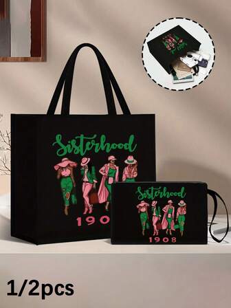 1908 Sisters Friendship Theme Canvas Tote Bag Set, Multifunctional Black Canvas Tote Bag With Matching Wristlet, Can Be Used As Coin Purse, Toiletry Bag, Sisters Friendship Creative Print Tote Bag, Functional Tote Bag For Storing Essentials, Cosmetics And Personal Items, Large Capacity Tote Bag, Coin Purse, Friend Gift, Sister Gift, Daily Use, Daily Shopping And Travel, Ramadan Gift, Valentine's Day Gift, Easter Gift