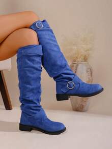 Women's Fashion Buckle Decoration Black Velvet Exclusive Design Style Comfortable Women's Mid-Calf Boots - Màu xanh lam - Xem 1