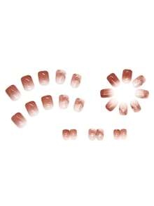 Elevate Your Style With 24pcs Short Square Bean Paste Ombre Glitter Powder Fake Nail & 1pc Nail File & 1sheet Tape Press On Nails Nail Supplies