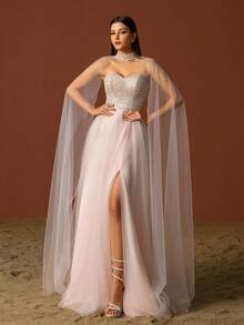 VIPGIRL Elegant Pink Mesh Evening Gown - Pink - View 1