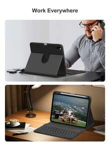360°旋转键盘保护套，带无线蓝牙键盘，兼容iPad A16（第11/10代）、iPad Air 10.9（第4/5代）、iPad Air 11（M2/M3）、iPad Pro 11（第7/8/9代，10.2英寸/9.7英寸）、iPad Pro 11、iPad Mini 6/7，黑色，PMMA和PU皮革材质，150mAh电池 - 黑色 - 查看 9