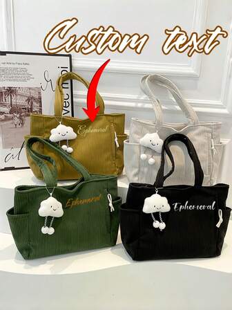 Custom Name Vintage Corduroy Crossbody Bag - With Detachable Cartoon Charm Spacious Compartment Commute Bag WomenPersonalized Vintage Corduroy Bag - Soft Texture Tote Bag For Shopping & Travel