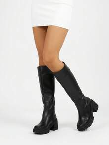 Botas Largas De Mujer Con Tacón Grueso Y Suela Dentada, Botas Altas De Piel Sintética Estilo Casual A La Moda Con Cierre Lateral - Negro - Ver 2